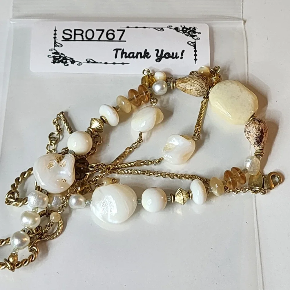 Lia Sophia Cream Beads Faux Pearl Amber & Gold Tone Multi Strand Boho Necklace